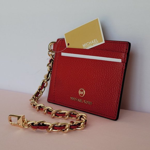 MICHAEL KORS Jet Set Small ID Pebbled Leather Chain Card Holder Case-Crimson⭐ - Picture 6 of 16